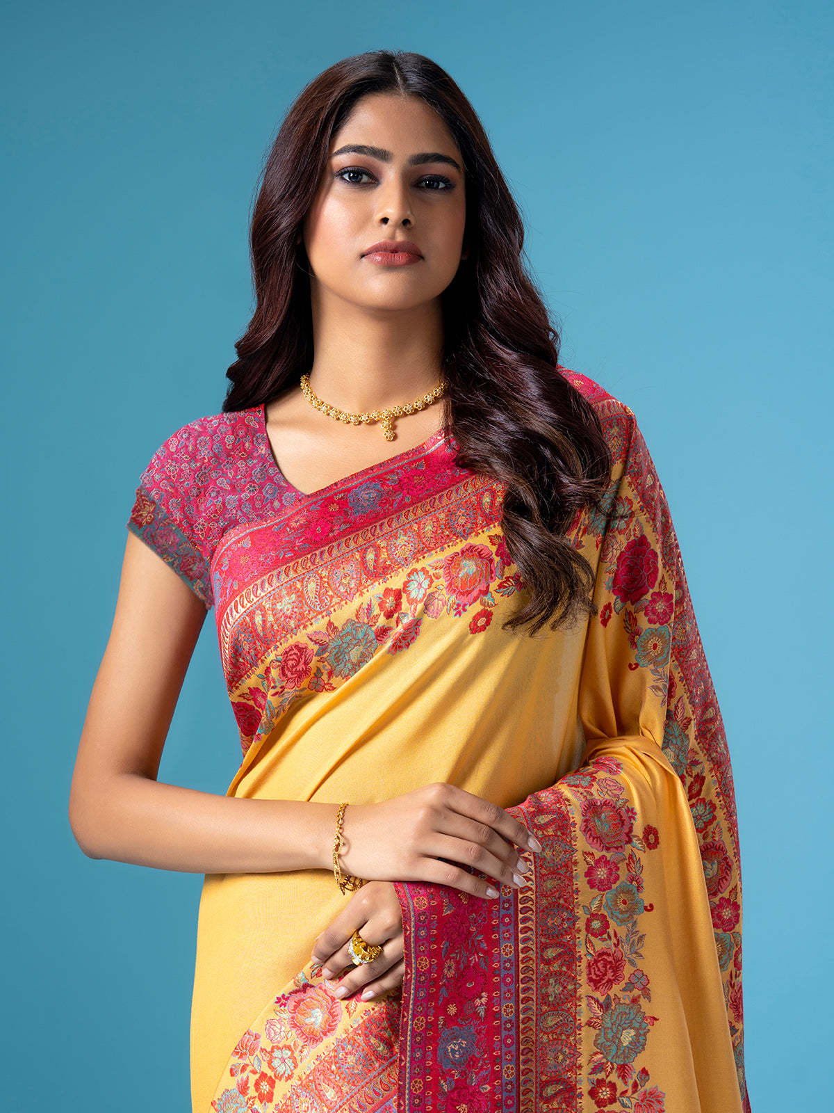 Yellow pashmina silk saree with bold border