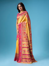 Yellow pashmina silk saree with bold border