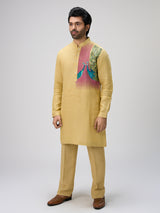 Yellow peacock motif kurta suit men