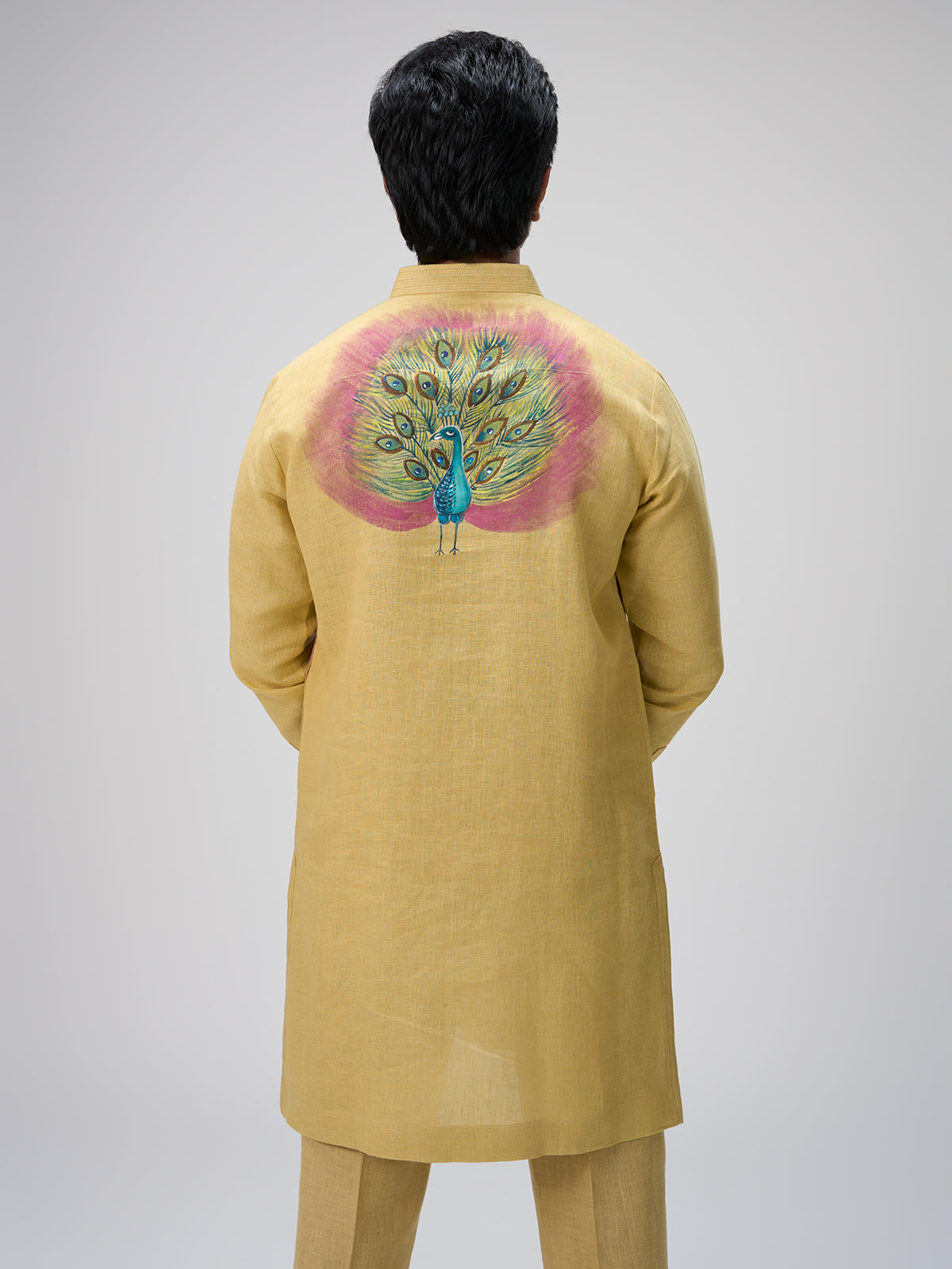 Yellow peacock motif kurta suit men
