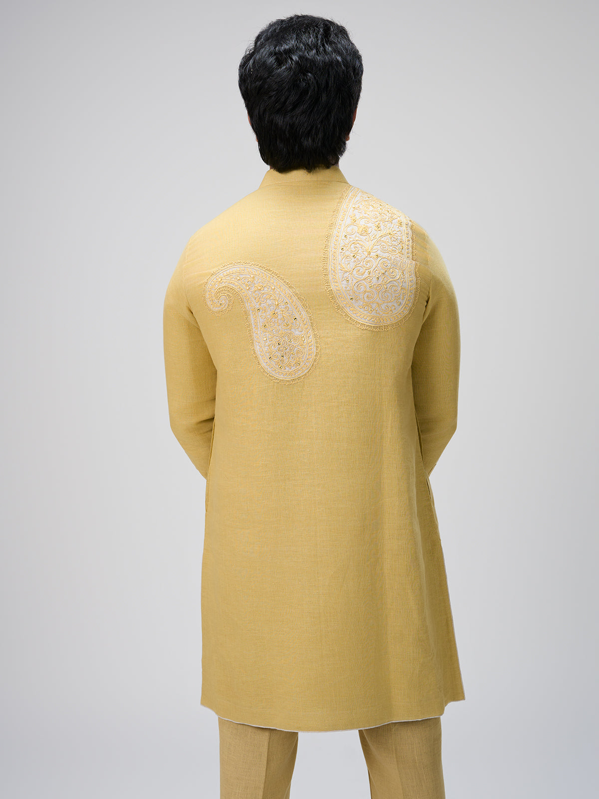 Yellow resham work kurta suit men