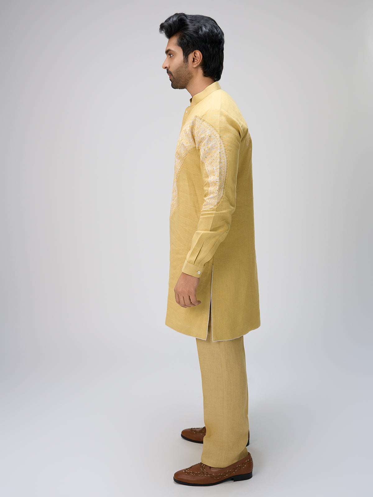 Yellow resham work kurta suit men