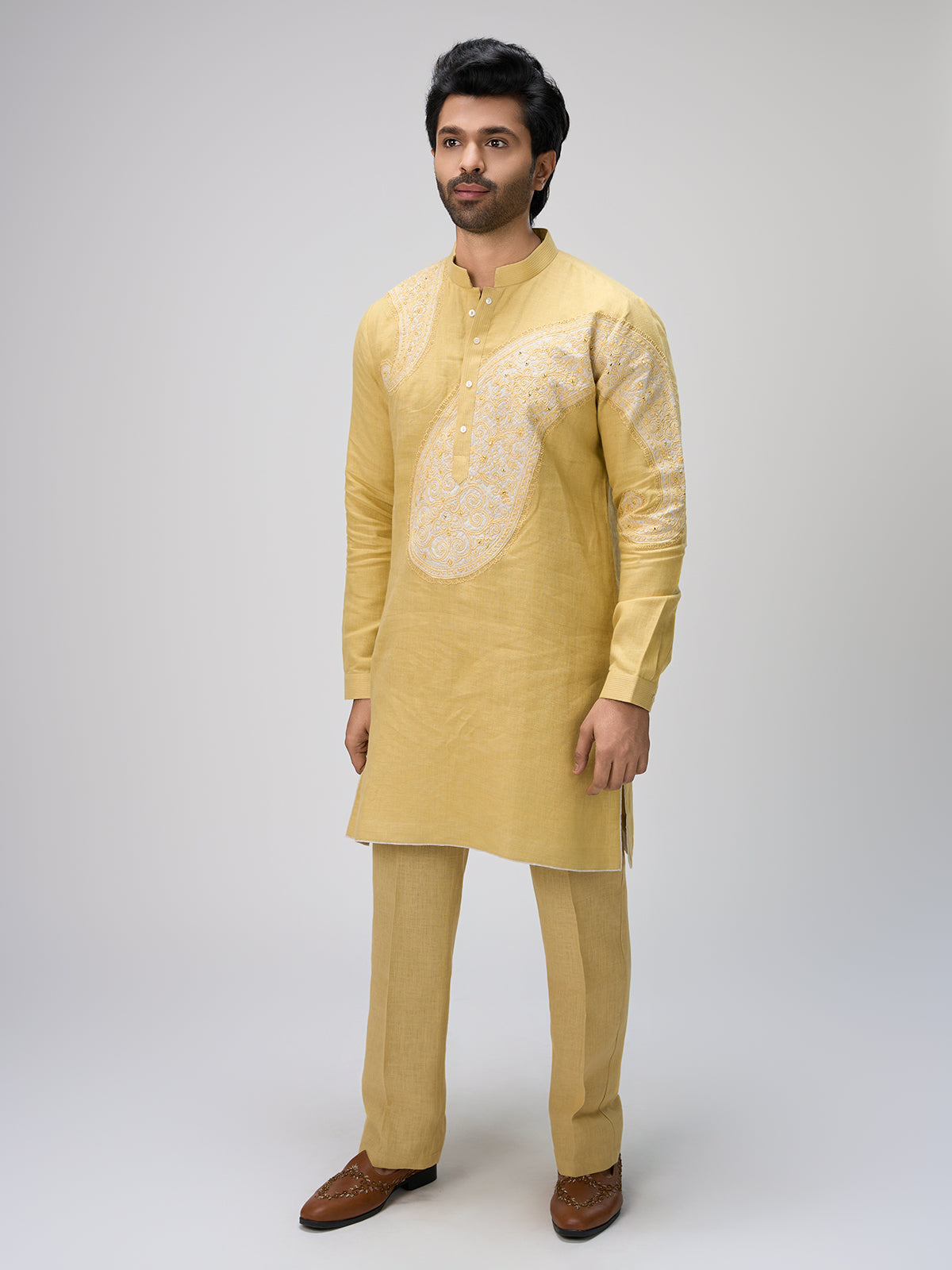 Yellow resham work kurta suit men
