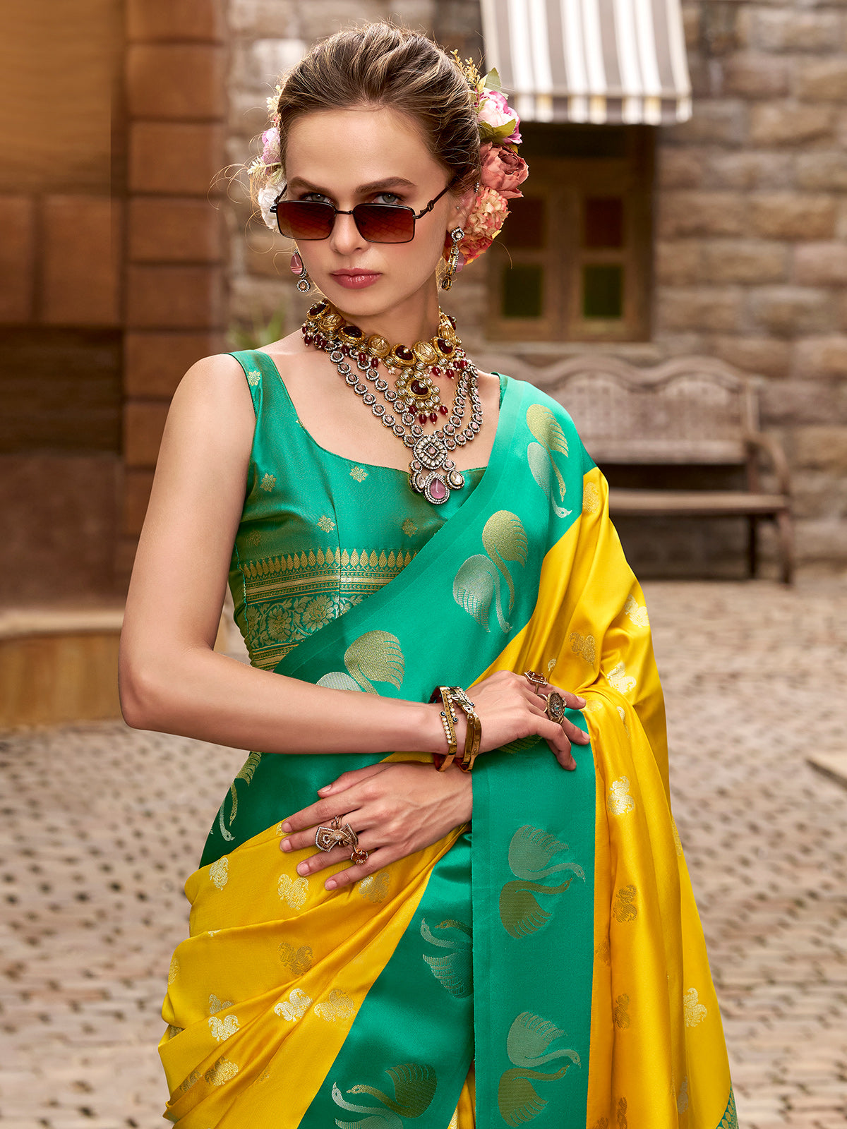 Yellow satin silk festive woven elegance