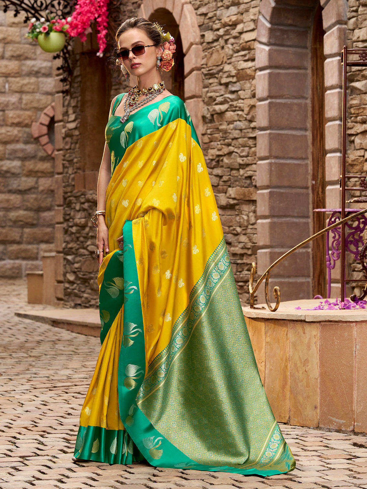 Yellow satin silk festive woven elegance