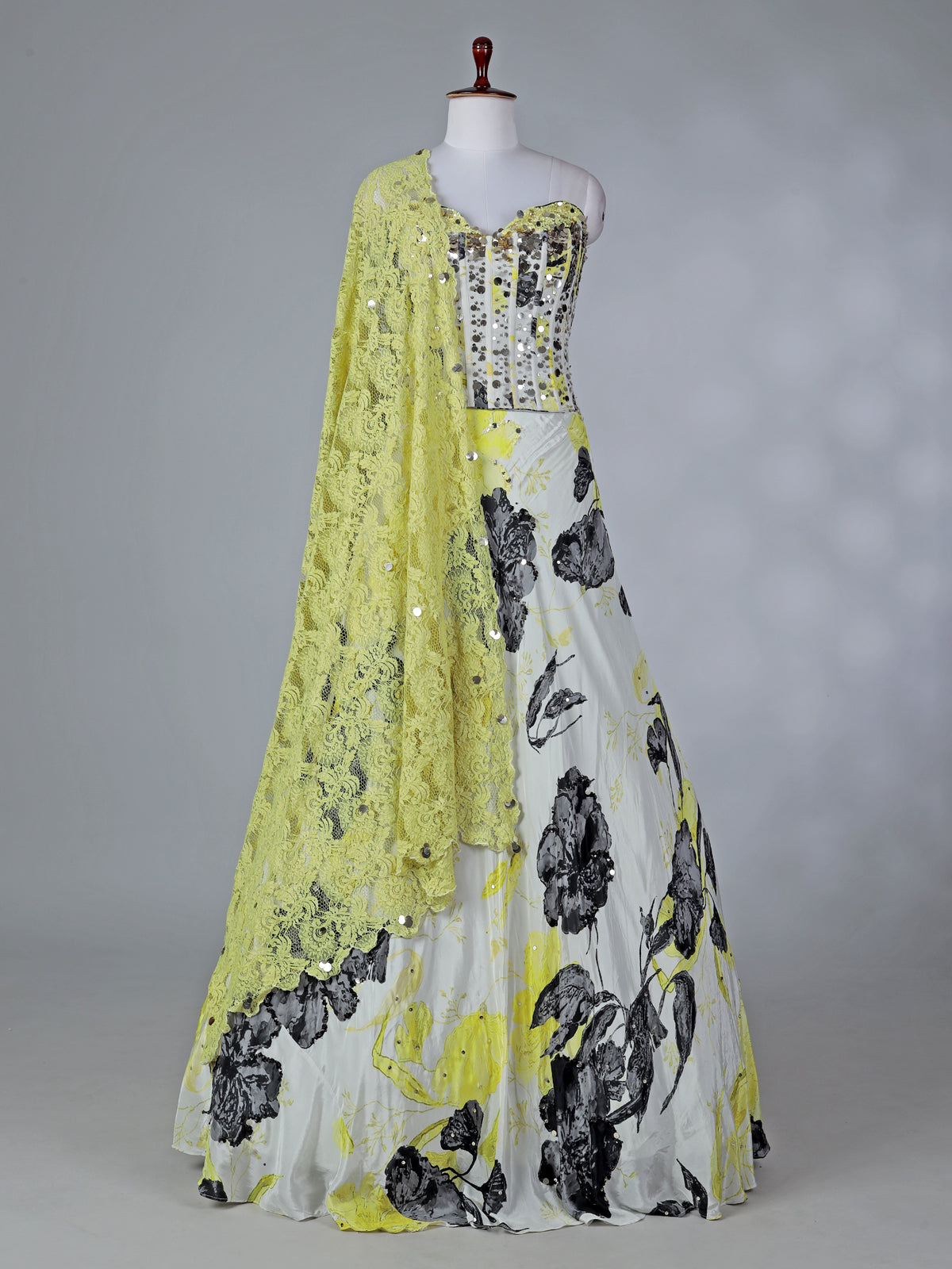 White satin silk lehenga choli with floral print