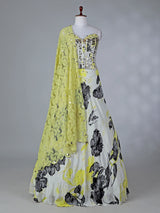 White satin silk lehenga choli with floral print