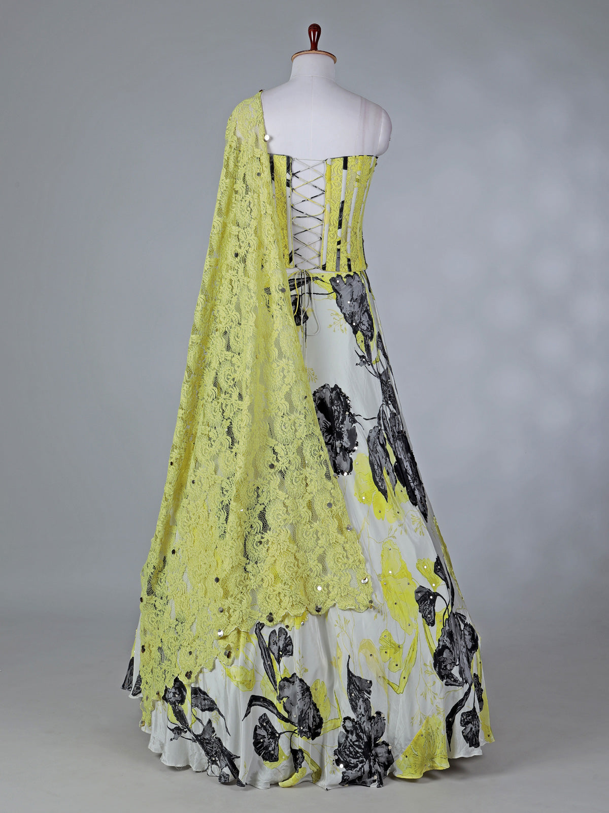 White satin silk lehenga choli with floral print