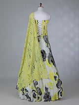 White satin silk lehenga choli with floral print