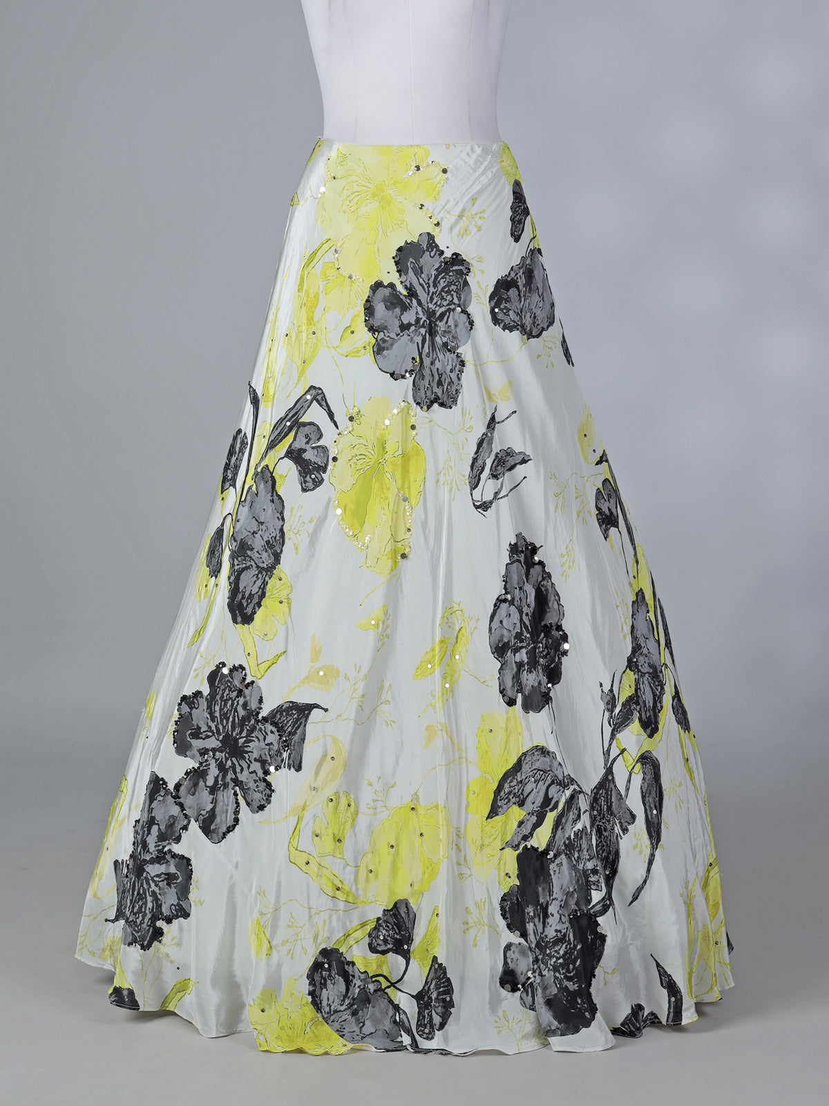 White satin silk lehenga choli with floral print