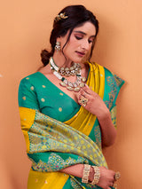 Yellow satin silk saree with zari motifs