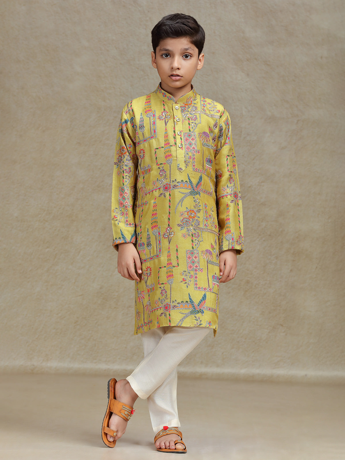 Yellow silk kurta suit for boys with print