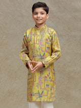 Yellow silk kurta suit for boys with print