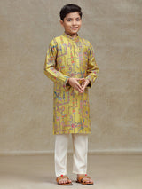 Yellow silk kurta suit for boys with print