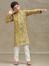 Yellow silk kurta suit for boys with print