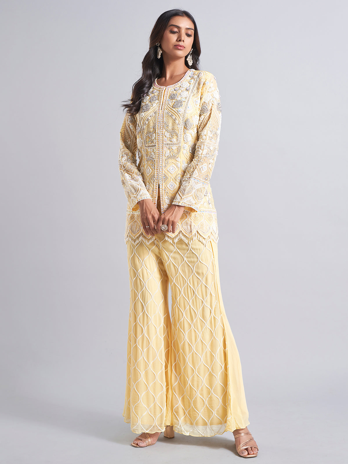 Yellow silk pakistani palazzo salwar suit