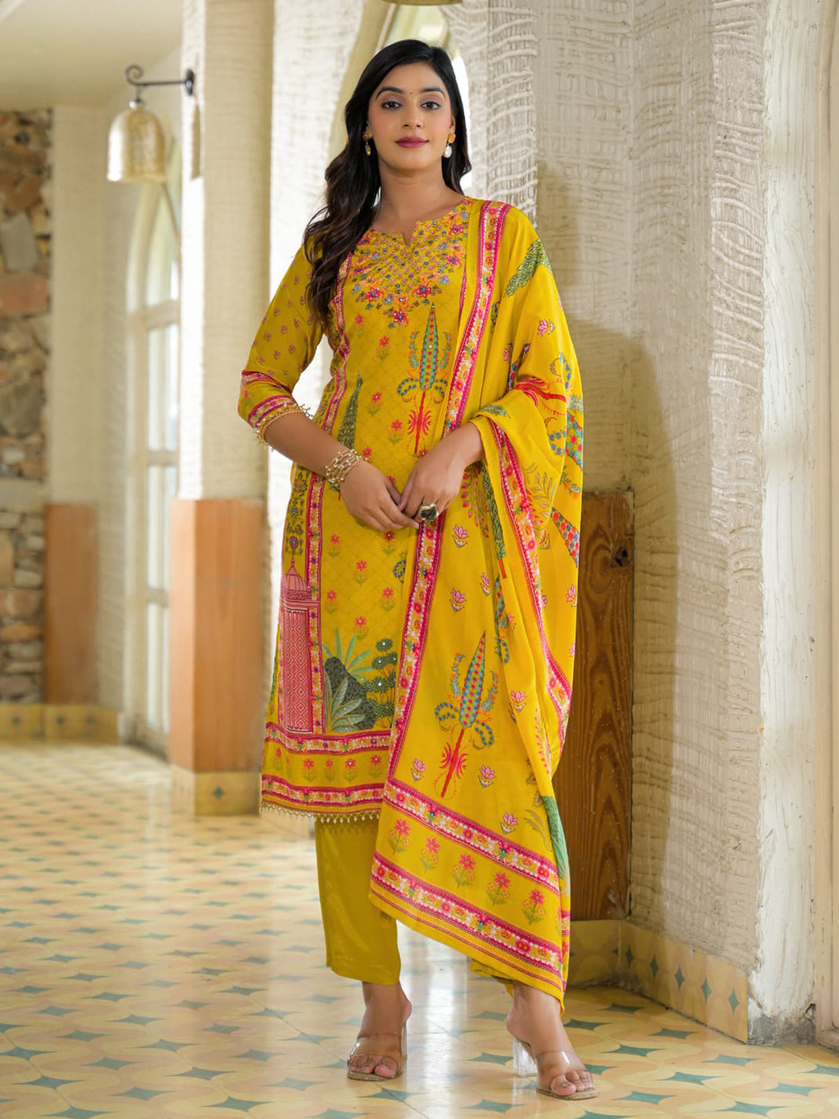 Yellow silk printed kurti set for haldi celebration