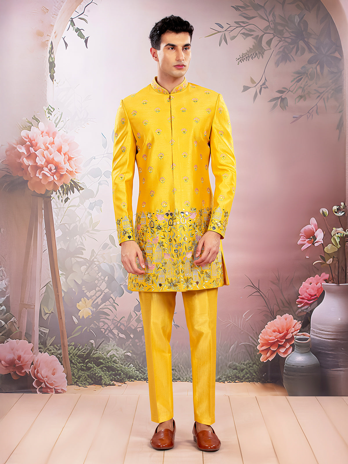 Yellow silk wedding wear indowestern set for men