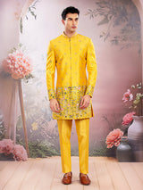Yellow silk wedding wear indowestern set for men