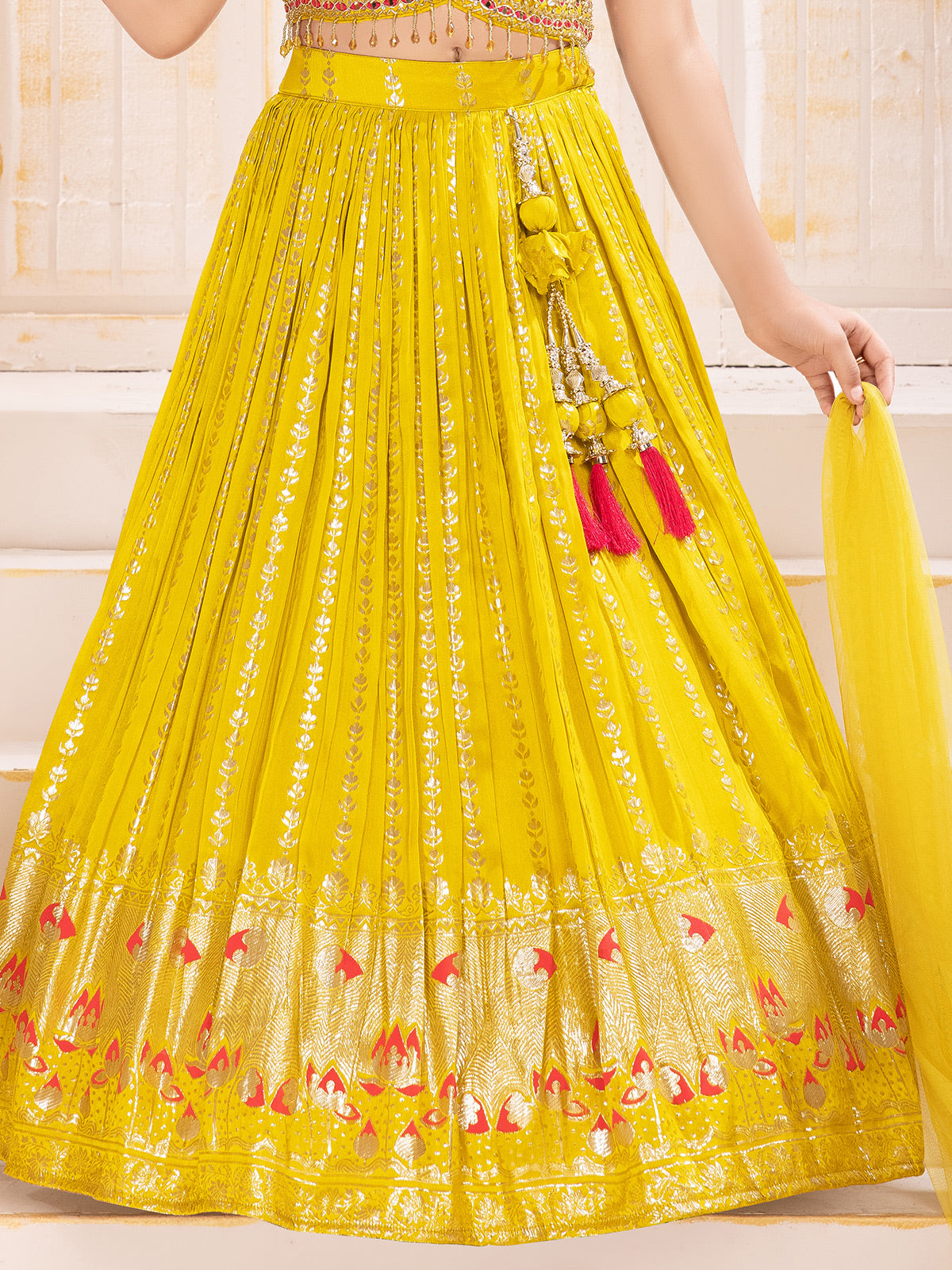 Yellow silk wedding wear lehenga choli with shimmering zari