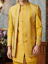 Yellow terry rayon Indowestern with minimal thread work