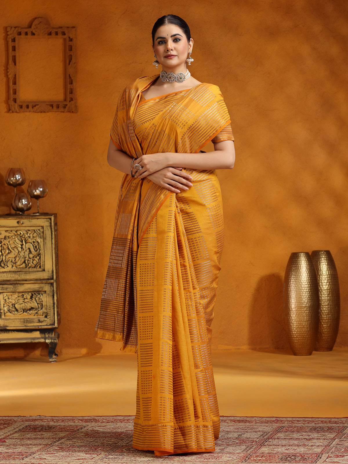Yellow zari eorked silk saree