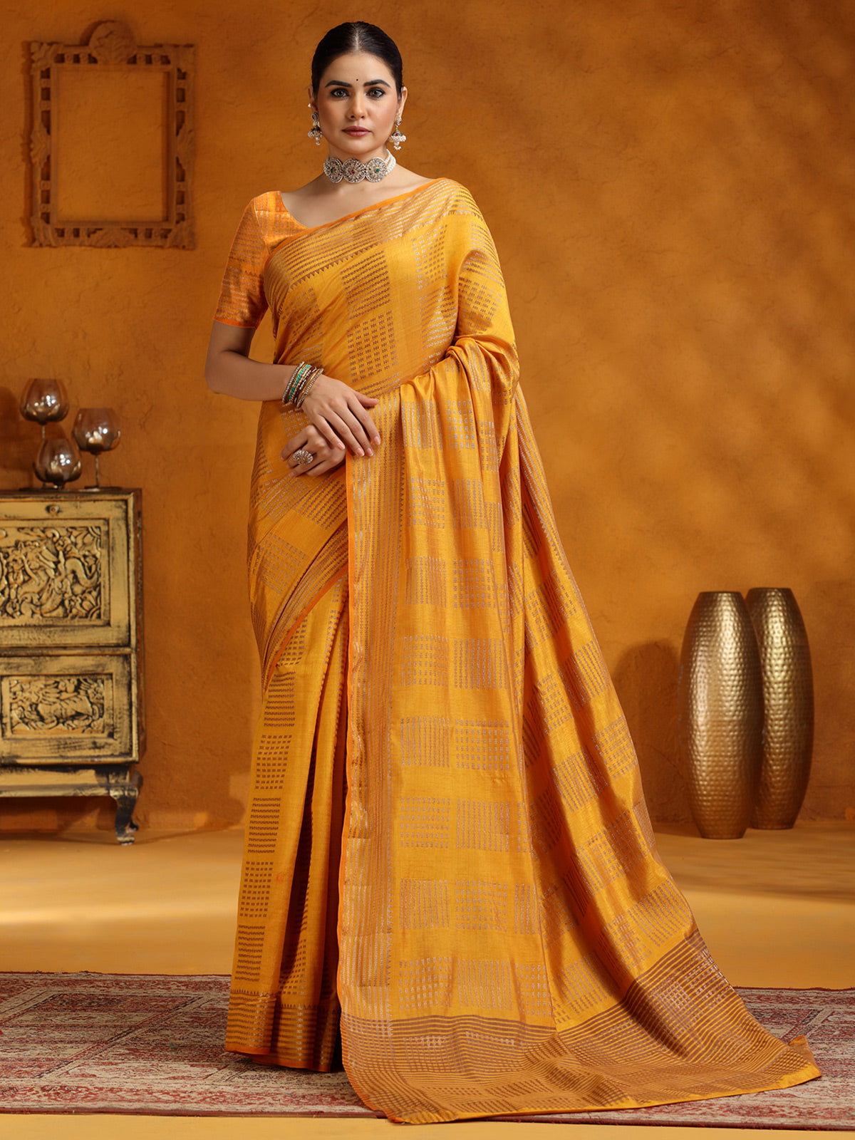 Yellow zari eorked silk saree