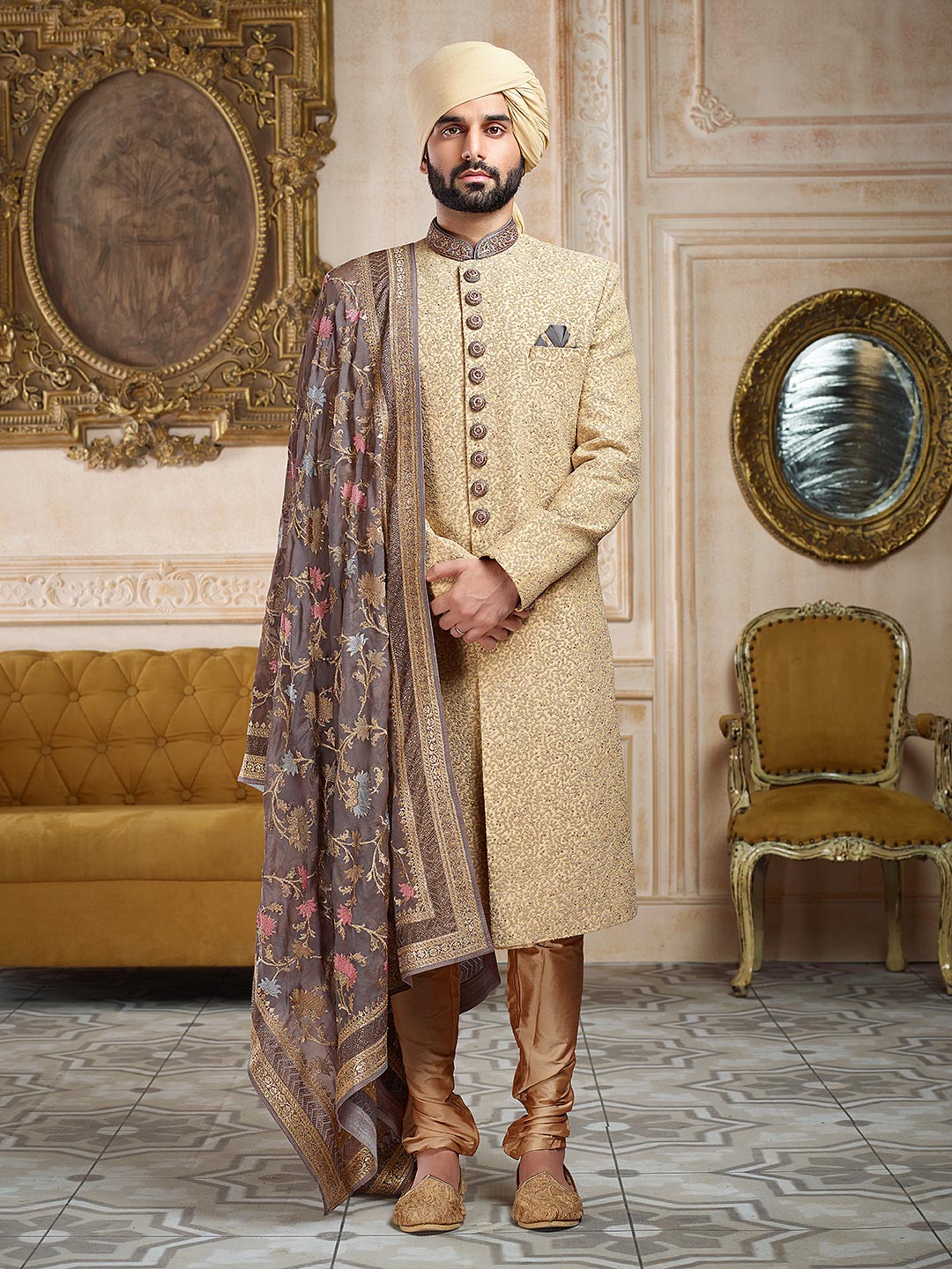 Beige color groom sherwani for royal wedding - G3-MSH0219 ...