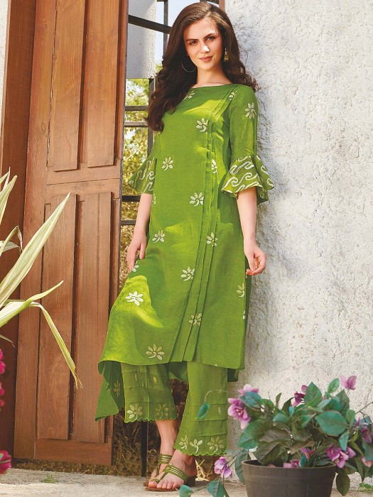 Green Color Cotton Fabric Punjabi Kurti Set