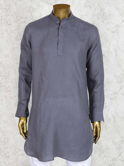 Grey Mens Linen Cotton Festive Wear Short Pathani