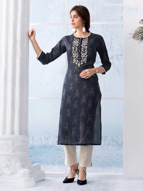 Printed Grey Kurti In Cotton For Festivals