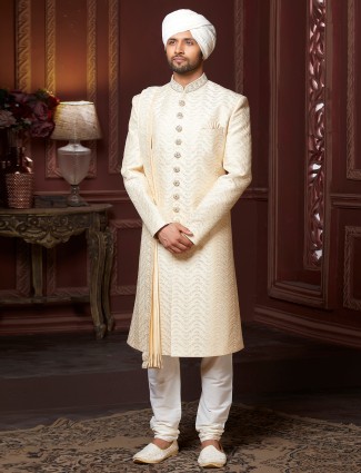  Cotton silk yellow wedding wear dual layer sherwani