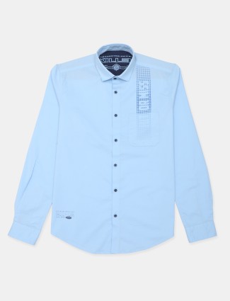  Killer printed sky blue cotton casual wear slim fit shirt