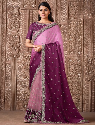 Stunning violet silk saree with stone work for event