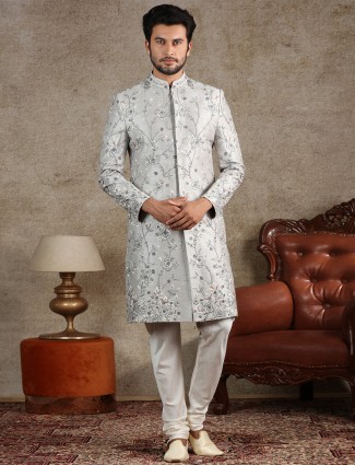 A royal grey sherwani for groom in raw silk