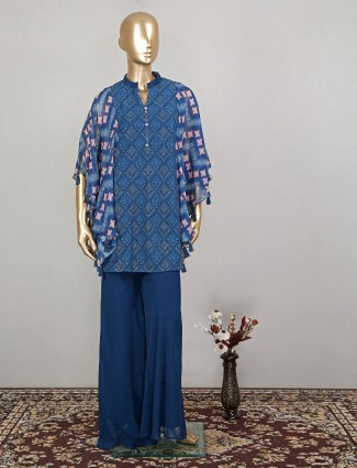 Aegean blue printed cotton punjabi kaftan style palazzo suit 