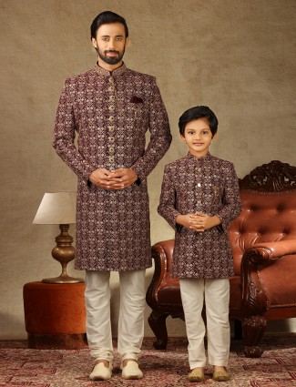 Alluring maroon matching for father and son sherwani in georgette