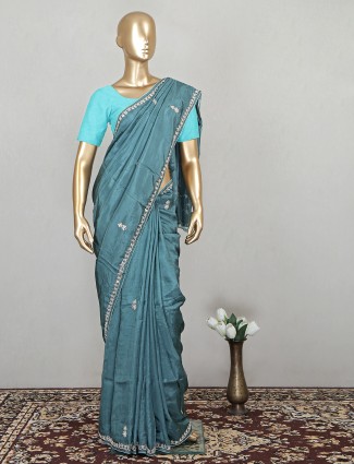 Alluring stone blue silk wedding occasions saree