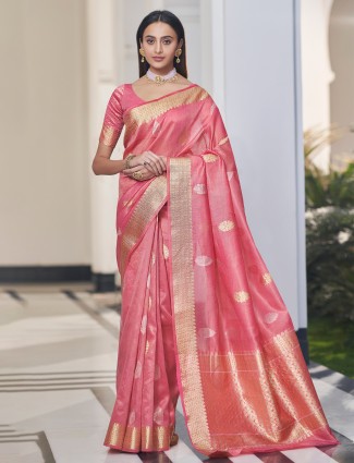 Alluring strawberry pink linen wedding occasions saree