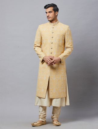 Alluring yellow double layer sherwani in silk