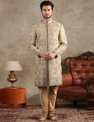 Amazing beige raw silk sherwani for wedding