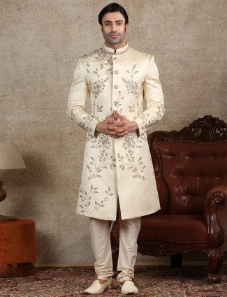 Amazing beige silk sherwani for wedding