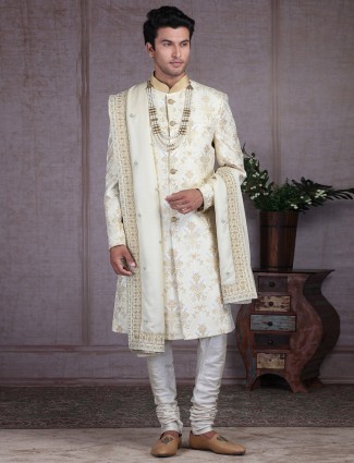 Amazing cream net sherwani for wedding