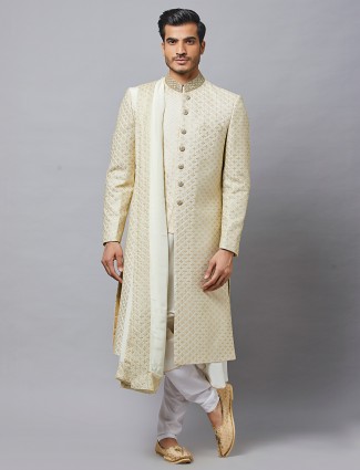 Amazing cream silk double layer sherwani for groom