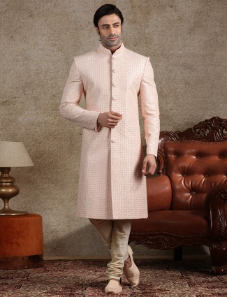 Amazing pink raw silk sherwani for wedding