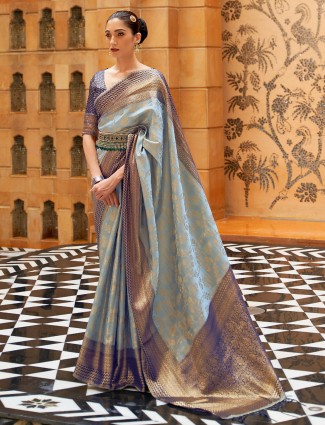 Amazing powder blue color saree with zari work for party look