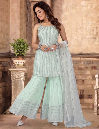 Amazing rama green georgette sharara suit for party occasions