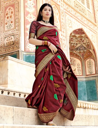 Amazing silk banarasi wedding functions saree in maroon