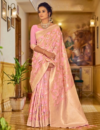 Amazing taffy pink linen saree for women