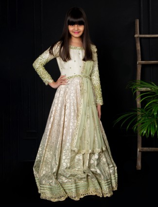 Anarkali style light green raw silk partywear salwar suit